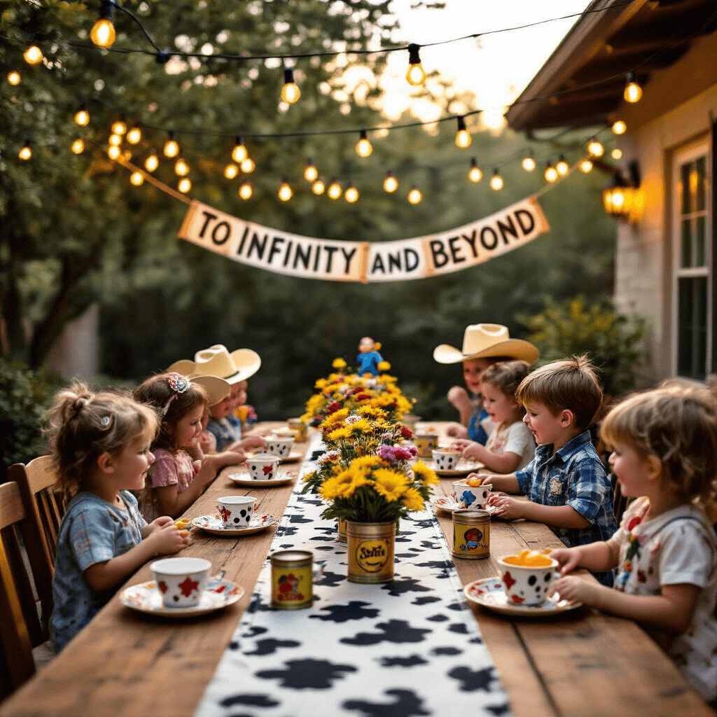 A vibrant Toy Story birthday party on a patio during golden hour, featuring kids in space ranger badges, a long farmhouse table with a cow-print runner, vintage toy tea sets, wildflower centerpieces, and a 'To Infinity and Beyond' banner, captured from a slightly elevated angle.
