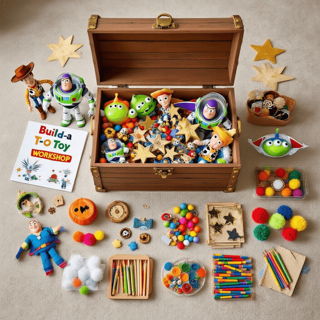 An overhead view of a Toy Story themed party favor and activity station featuring a large wooden box resembling Andy's toy chest filled with sheriff badges, alien headbands, and Buzz Lightyear wing crafts, surrounded by colorful craft supplies like pipe cleaners, pom-poms, and googly eyes, along with printable activity sheets and crayons, all captured in soft, diffused lighting.