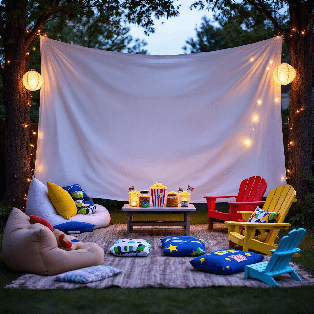 A cozy backyard setup for a Toy Story movie night, featuring a white sheet as a screen, whimsical seating options, a popcorn bar with themed toppings, and enchanting fairy lights above.