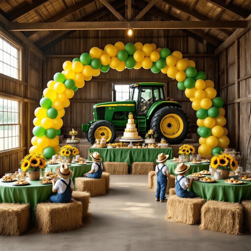 A festive barn interior adorned with green and yellow balloons, tractor-print tablecloths, hay bale seating, and miniature tractor centerpieces, illuminated by golden hour light. A grand balloon arch in John Deere colors leads to a dessert table with wheel-shaped cookies and a tractor cake, while children in overalls play pin-the-tire on a giant tractor backdrop.