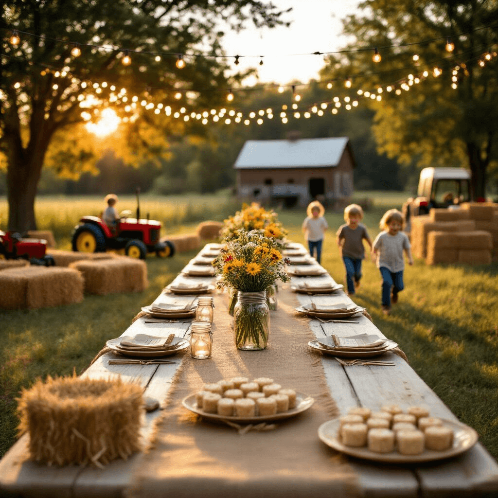 An outdoor farm setting at magic hour with a long farmhouse table adorned with burlap and mason jar centerpieces, fairy lights overhead, children playing in a tractor-shaped obstacle course, and a dessert cart filled with dirt cup puddings and hay bale rice krispie treats. Close-up of personalized seed packet favors at each place setting, all bathed in warm golden light.