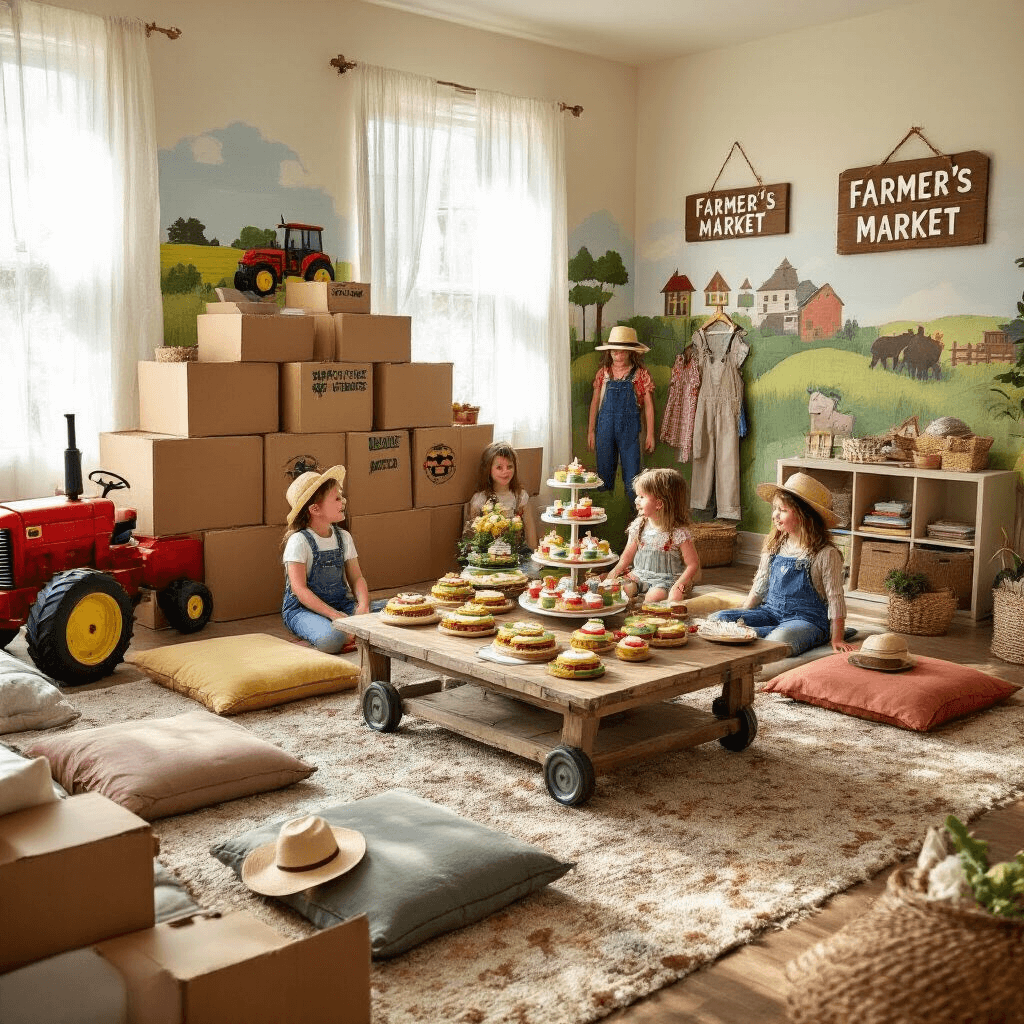 A cozy living room transformed into a mini-farm paradise, featuring colorful cardboard box tractors, a low table with tractor-shaped sandwiches and farm animal cupcakes, hand-painted farm murals, and a dress-up station with overalls, bandanas, and straw hats, all illuminated by soft morning light and filled with joyful children engaged in imaginative play.