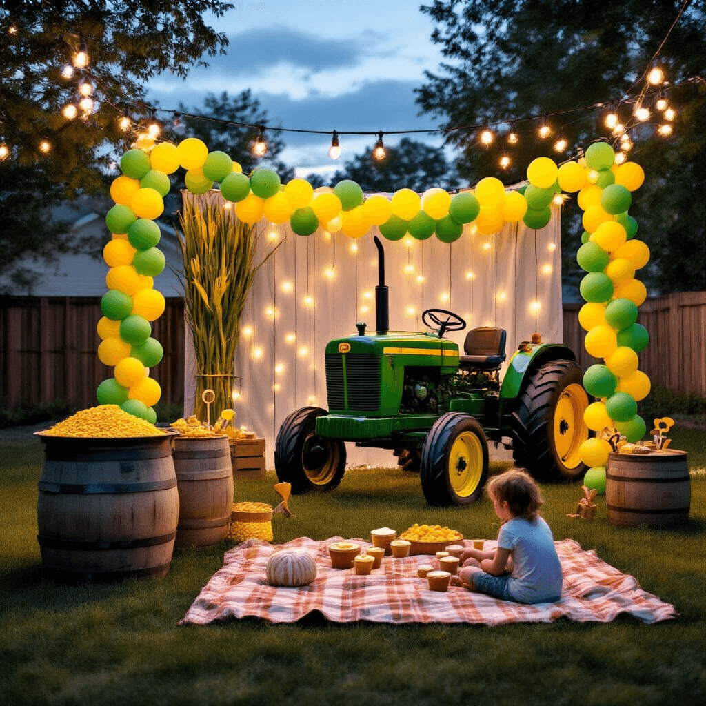 A modern backyard at twilight featuring a photo booth with a tractor cutout backdrop and balloon garlands, warm string lights illuminating picnic blankets where families enjoy dirt cup desserts, and a 'Corn Kernel Dig' sensory bin for kids.