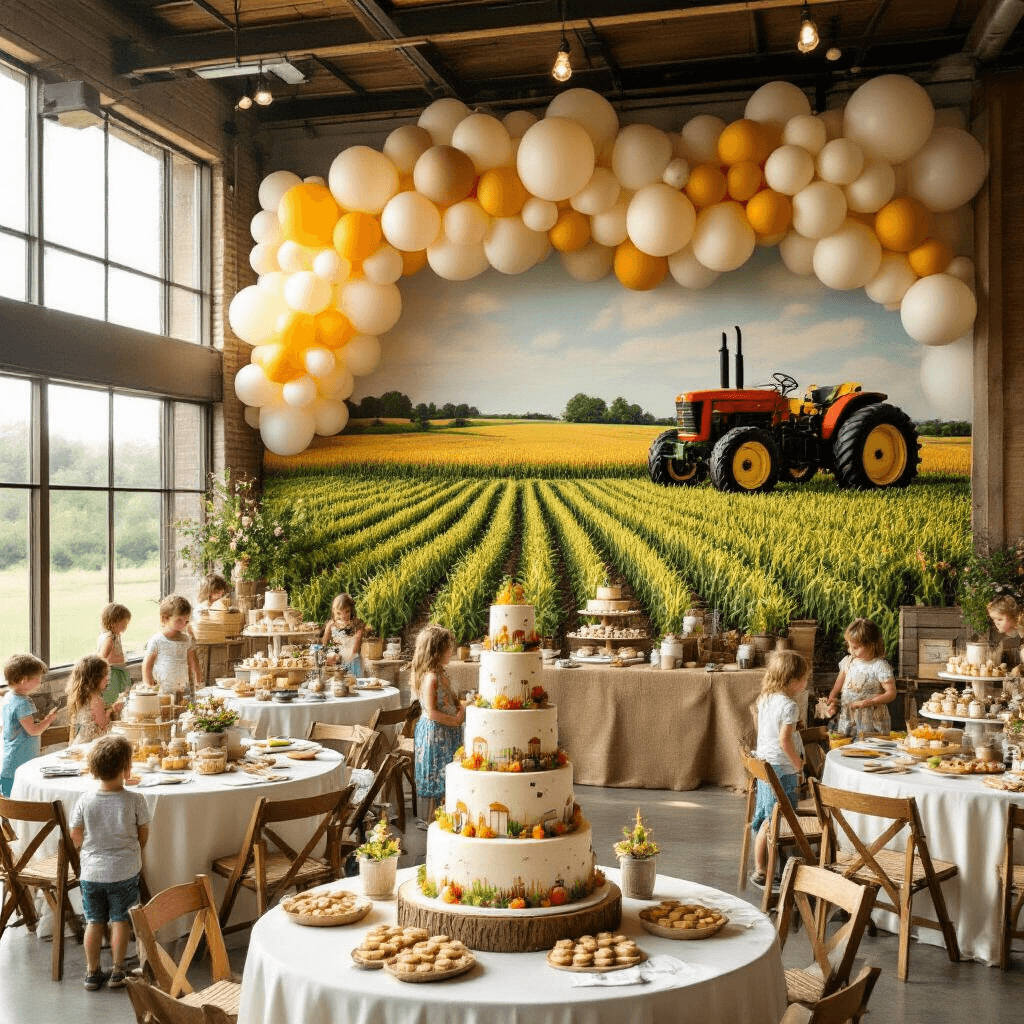 A vibrant indoor party space filled with sunlight, featuring a large balloon installation resembling tractor wheels, elegantly dressed round tables with terrariums, and a dessert table with a hay bale-themed cake, as children enjoy a 'Pin the Tire on the Tractor' game.