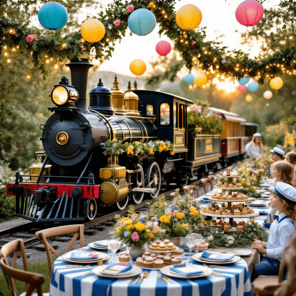 A whimsical garden train party at golden hour with a vintage steam engine backdrop adorned with fairy lights and floral garlands, round tables featuring blue and white striped linens and train car centerpieces filled with wildflowers, colorful paper lanterns and gold balloons overhead, and a dessert cart styled like a caboose displaying train-themed treats, all illuminated by soft, warm lighting.