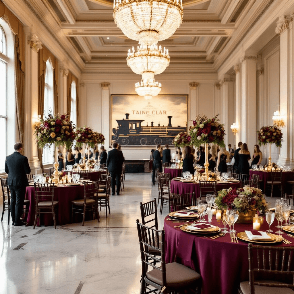 Elegant indoor birthday celebration in a grand ballroom with high ceilings, ornate chandeliers, and polished marble floors. Long tables draped in burgundy linens adorned with gold-rimmed china and crystal glassware. Centerpieces feature tall floral arrangements and miniature gold train tracks. A statement wall displays a vintage train schedule, with guests mingling in cocktail attire near a luxurious dining car bar cart.