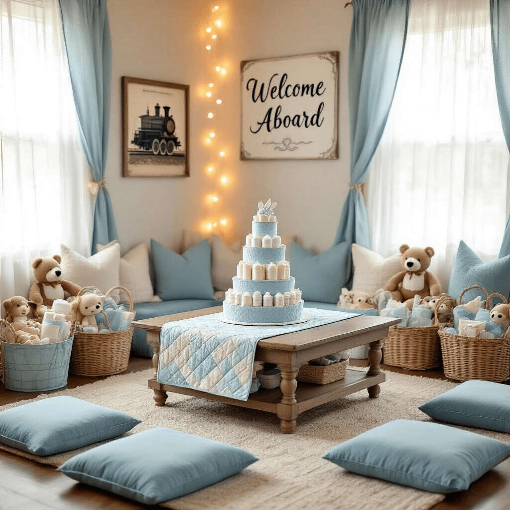 Cozy living room decorated for a train-themed baby shower, featuring pastel blues and creams, a quilted 'track' runner on a coffee table, a tiered diaper cake in the shape of a locomotive, plush blue floor cushions, vintage train prints, a 'Welcome Aboard' sign, and warm string lights with stuffed animal conductors in gift baskets.