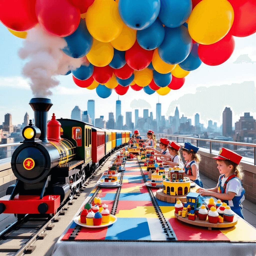 A vibrant rooftop terrace party for kids features a colorful cardboard train cutout with balloon 'smoke,' LEGO train centerpieces, and a dessert station styled like a train platform, all set against a city skyline. The scene is filled with children wearing conductor hats playing on a large floor decal of train tracks.