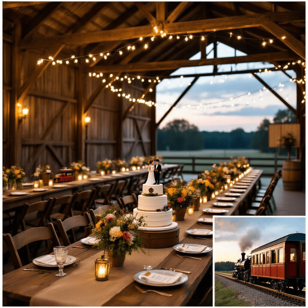 A scenic twilight train-themed wedding reception in a rustic barn, featuring wooden beams adorned with fairy lights, long farmhouse tables with burlap runners and vintage china, a dessert table with a suitcase-themed wedding cake, and a train car photo booth, all creating a warm, romantic ambiance.