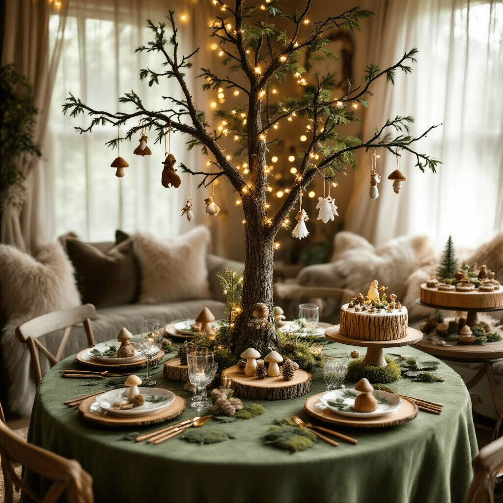 A cozy woodland-themed birthday celebration in a living room, featuring a whimsical birthday tree with fairy lights, round tables with moss-green linens, wood slice centerpieces adorned with mushroom cookies and wildflowers, and a dessert cart with a bark-textured cake and forest floor cupcakes, all bathed in soft golden hour light.
