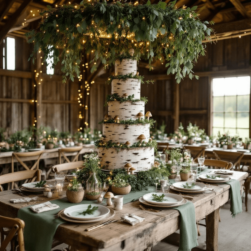 A whimsical woodland birthday setup inside a rustic barn, featuring eucalyptus garlands, farmhouse tables with moss green linen, terrariums, birch bark place settings, a multi-tiered 'cake tree', mushroom-shaped macarons, and cozy lounge seating with leather chairs and plaid throws.