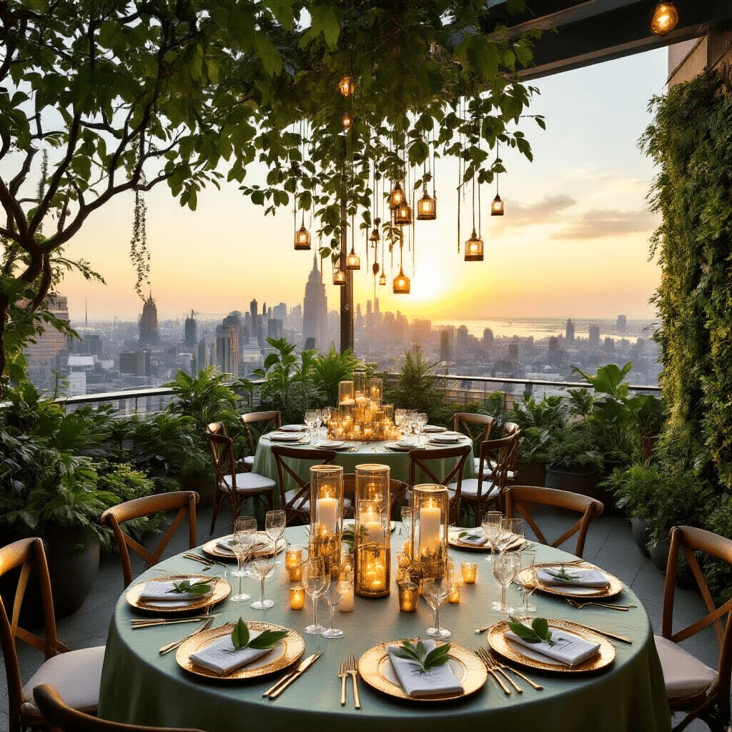 An elegant rooftop terrace transformed into a magical treetop birthday celebration, featuring a warm golden glow at sunset, lush greenery, round tables with shimmering sage linens, glass centerpieces with tea lights, intricate place settings, a gravity-defying tree trunk cake, and a canopy of string lights and paper lanterns.