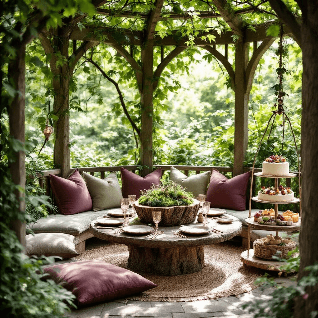 A whimsical birthday nook inside a garden gazebo, adorned with a low table and plush floor cushions in forest hues, surrounded by dappled sunlight, moss-centered log décor, handcrafted ceramic tableware, a dessert cart with a tree ring cake, macramé plant hangers, vintage lanterns, and a dreamy forest backdrop.