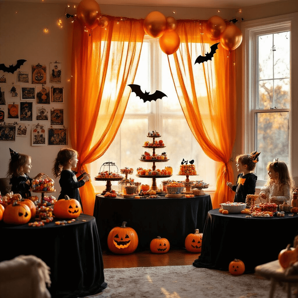 A Spooktacular Trick or Treat Birthday Party: The Ultimate Guide to Halloween Celebration Magic A cozy living room decorated for a whimsical trick-or-treat birthday party, featuring a DIY candy station with colorful treats, copper and gold balloon garlands, handmade paper bats, and round tables with orange pumpkin-shaped cakes. Children in costumes play party games, casting playful shadows on walls adorned with twinkling fairy lights and vintage Halloween postcards. Warm sunlight filters through sheer orange curtains, creating a festive atmosphere.