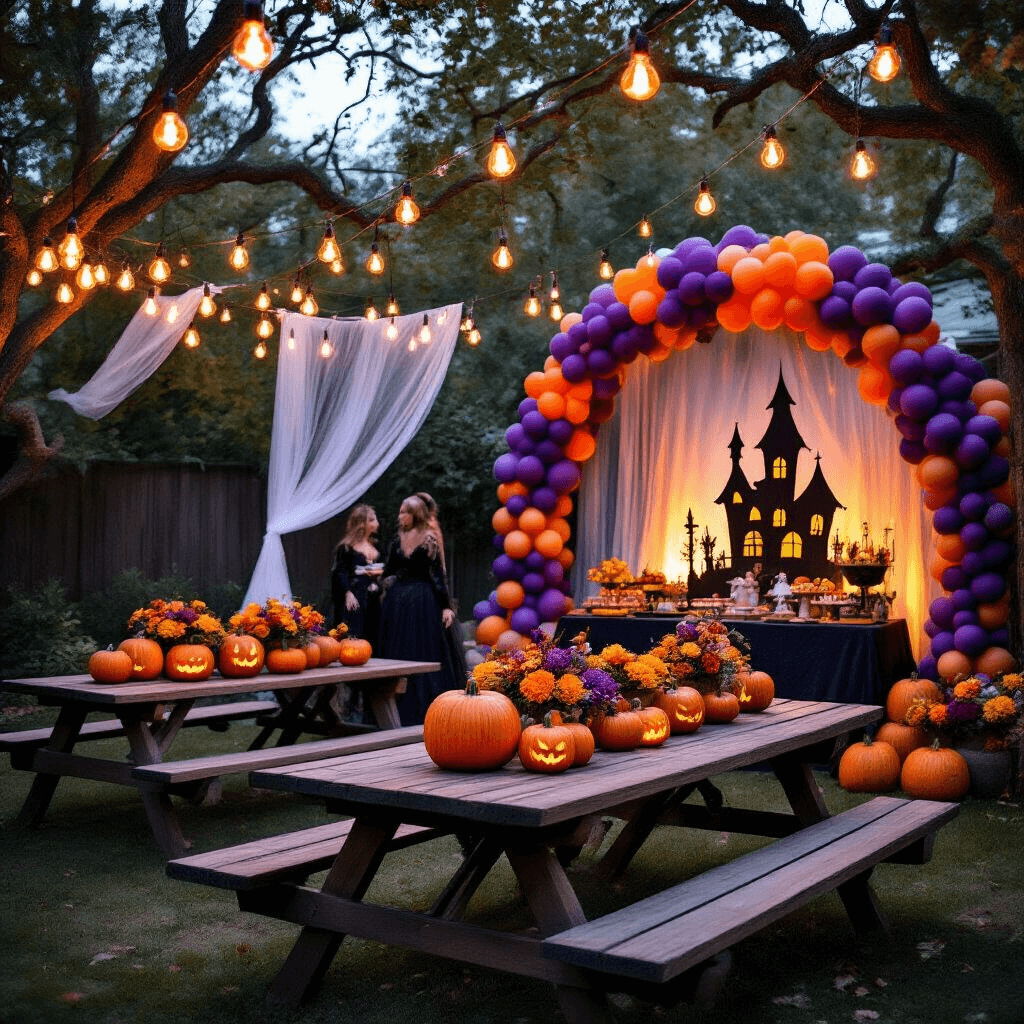 A Spooktacular Trick or Treat Birthday Party: The Ultimate Guide to Halloween Celebration Magic An enchanting backyard Halloween birthday celebration with Edison bulbs overhead, rustic picnic tables adorned with carved pumpkins and autumn flowers, a grand ombre balloon arch, a spooky dessert cart, ghostly tulle drapery, lanterns casting moody light, and costumed guests mingling near a DIY photo booth with a haunted house backdrop.
