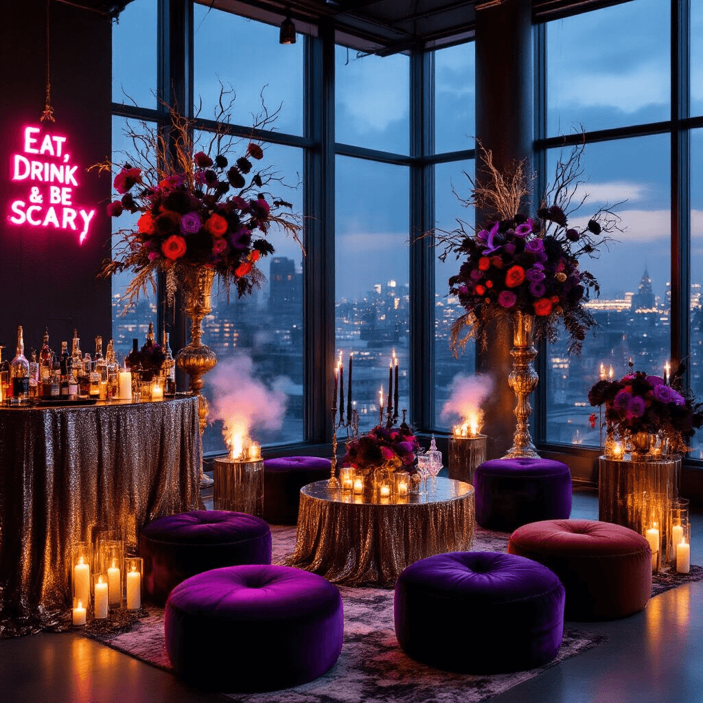 A Spooktacular Trick or Treat Birthday Party: The Ultimate Guide to Halloween Celebration Magic A luxurious Halloween birthday party in a modern loft with city views, featuring cocktail tables with sequined linens, plush velvet poufs, dramatic floral arrangements, an apothecary-style mixology station, eerie candelabras, and a neon 'Eat, Drink & Be Scary' sign.