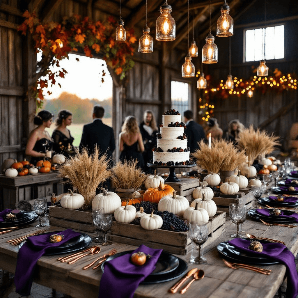 A Spooktacular Trick or Treat Birthday Party: The Ultimate Guide to Halloween Celebration Magic An intimate Halloween birthday dinner party in a rustic barn at twilight, featuring long tables with black matte dinnerware and copper cutlery, decorated with white pumpkins and wheat centerpieces, soft glowing mason jar lanterns, a dessert table with a naked cake, and guests in masquerade attire near a fortune-teller's corner, all framed by autumn leaves and fairy lights.
