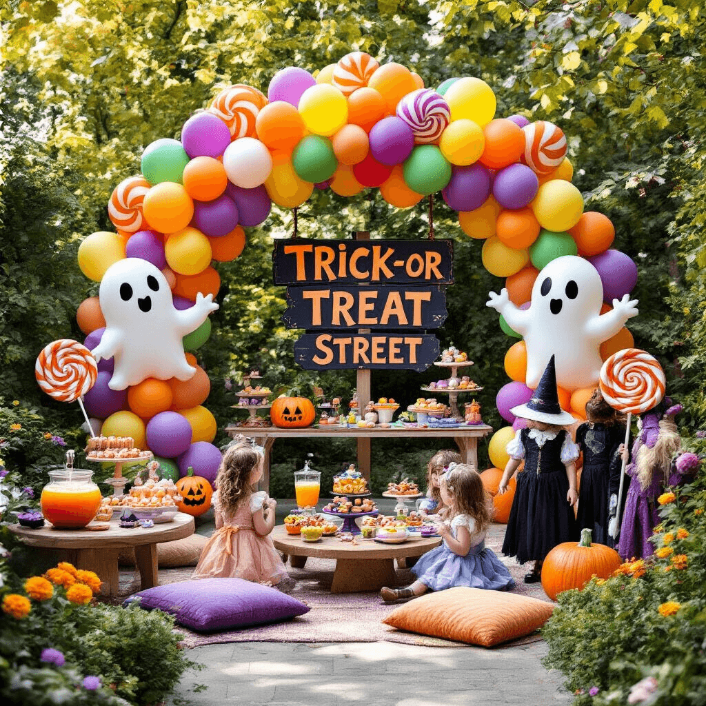 A Spooktacular Trick or Treat Birthday Party: The Ultimate Guide to Halloween Celebration Magic A whimsical children's Halloween birthday party in a sunlit garden, featuring colorful balloon candy sculptures, a 'Trick-or-Treat Street' sign, low tables with cushions for face painting and pumpkin decorating, a display of spooky treats like ghost cake pops and witch hat cookies, oversized lollipop decorations, and a dress-up corner with costume pieces.