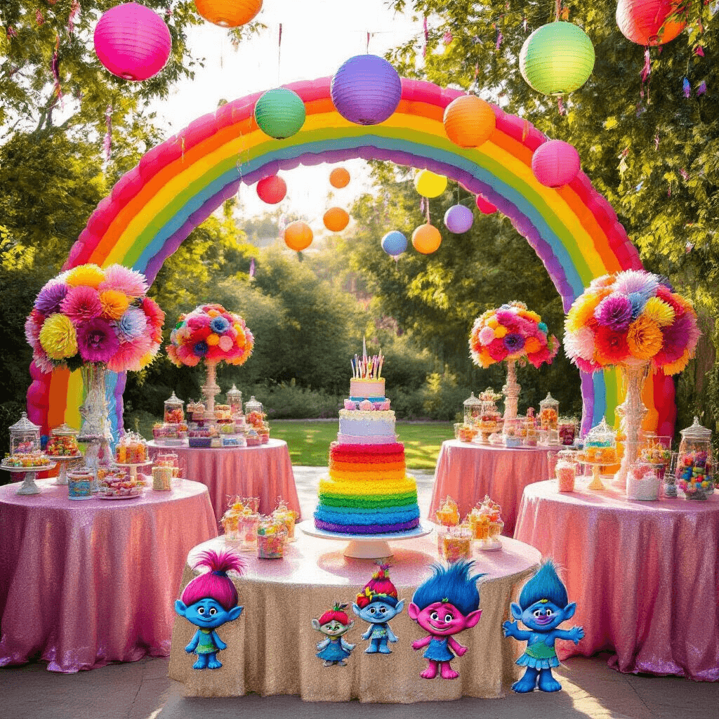 A vibrant Trolls-themed birthday party setup in a sun-drenched backyard featuring a rainbow balloon arch, shimmering pink table linens, colorful tissue paper flower centerpieces, a tiered rainbow cake, character-themed cupcakes, and a DIY photo booth area, all illuminated by warm golden hour light.