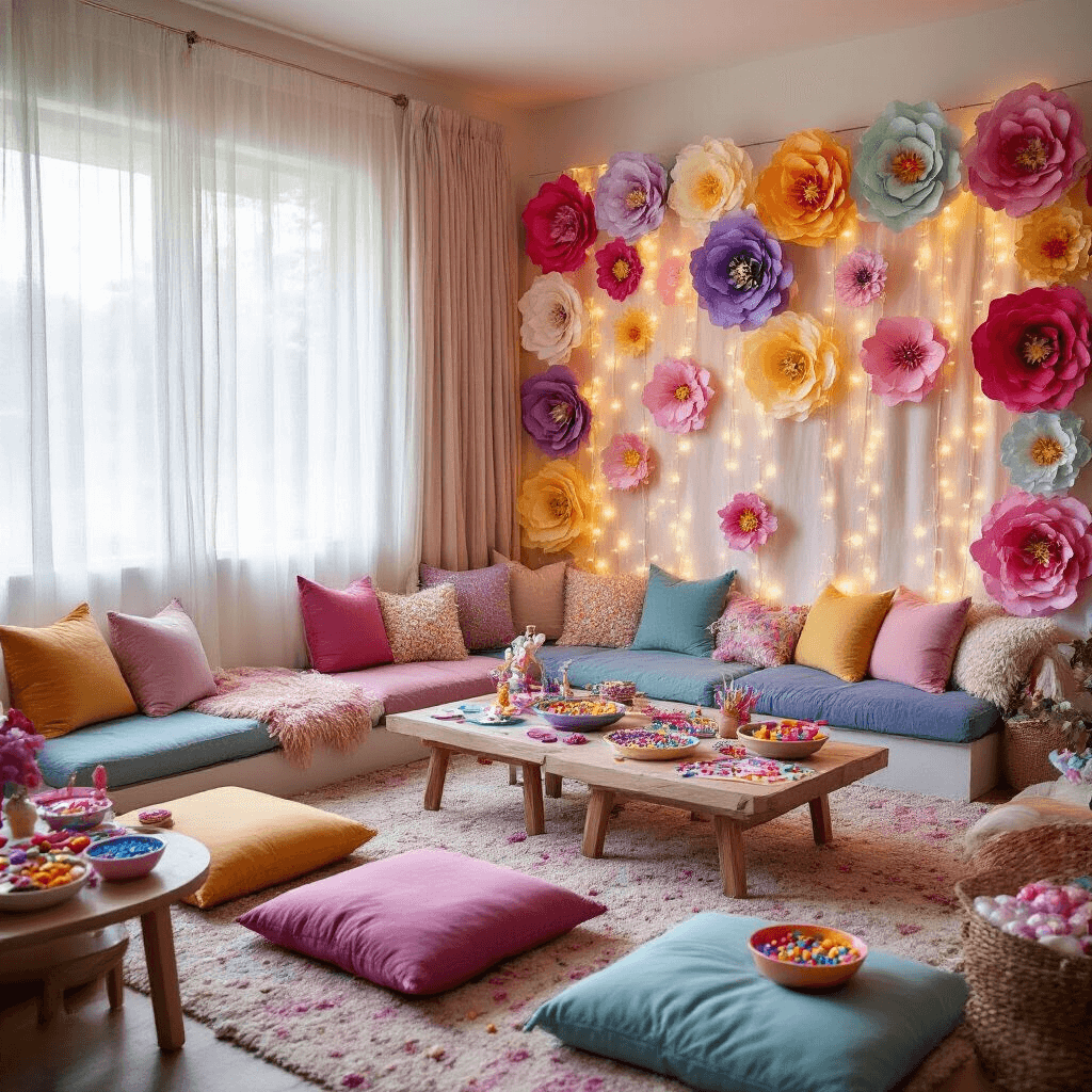 A cozy living room transformed into a vibrant Trolls-themed party space with plush floor cushions, oversized paper flowers, twinkling fairy lights, craft materials on a coffee table, and colorful snacks, all bathed in soft afternoon light.