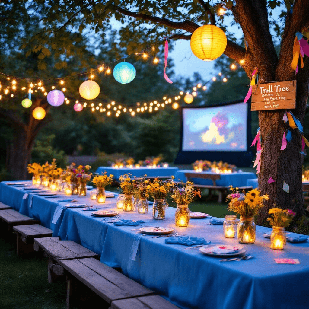 A whimsical twilight garden party inspired by Trolls, featuring warm string lights and lanterns illuminating picnic tables with ombre blue linens, wildflower centerpieces in mason jars, and a 'Troll Tree' adorned with ribbons and wish cards, all set against a backdrop of an outdoor movie screen as the sky fades to indigo.