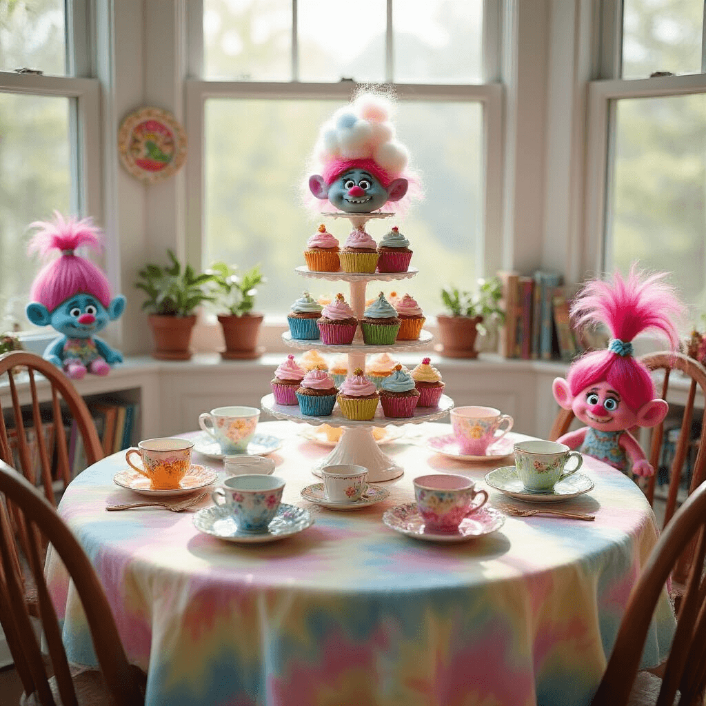 A whimsical Trolls-themed tea party vignette in a cozy breakfast nook, featuring a pastel tie-dye tablecloth, mismatched vintage teacups, and a 'Cupcake Tree' adorned with mini cupcakes topped with cotton candy. Troll dolls peek from potted plants and bookshelves, with morning light streaming through bay windows, enhancing the playful setup.