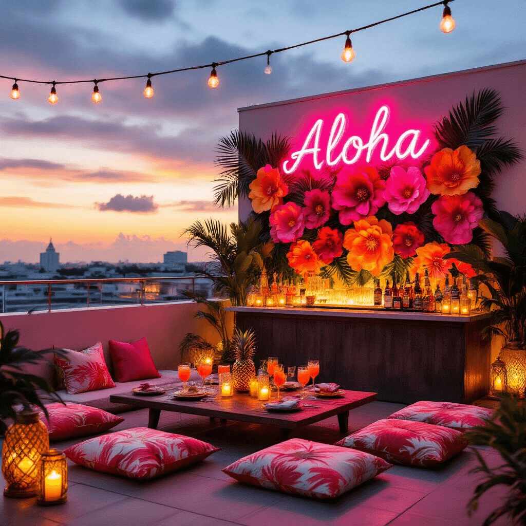 An intimate rooftop terrace at sunset, adorned for a luxurious tropical soirée with a glowing 'Aloha' neon sign, low tables with plush tropical print cushions, a backdrop of oversized paper flowers, a bar displaying exotic cocktails, flickering candlelight, and intricate table styling.