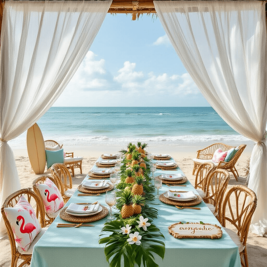 A beautifully styled tropical birthday brunch on the beach, featuring sheer white curtains, a long aqua table with greenery and orchids, rattan place settings, and a lounge area with bamboo chairs, all captured from an overhead drone shot.