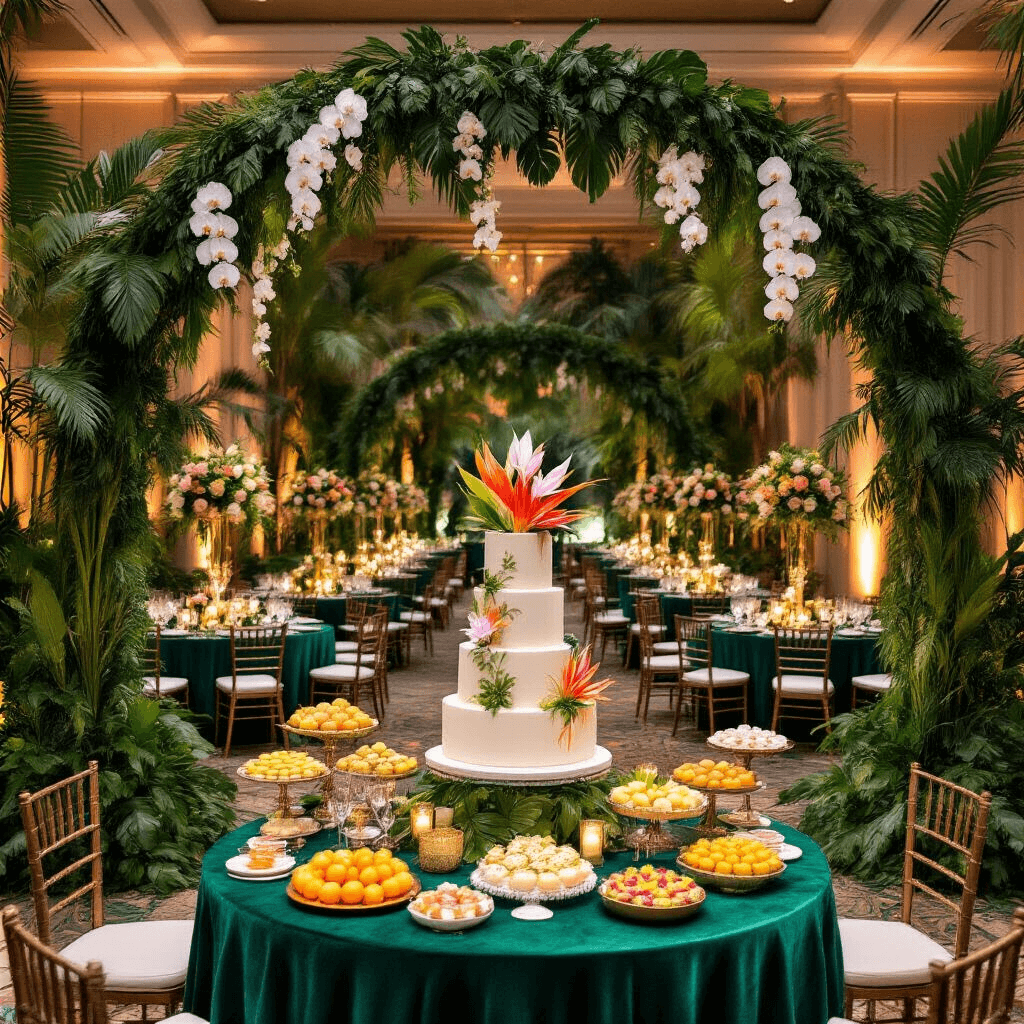 An elegant gala in a transformed tropical ballroom featuring palm trees, a greenery arch, emerald velvet tables with tall floral centerpieces, a dessert station with a tiered cake and fruit tarts, and warm uplighting creating a magical ambiance.
