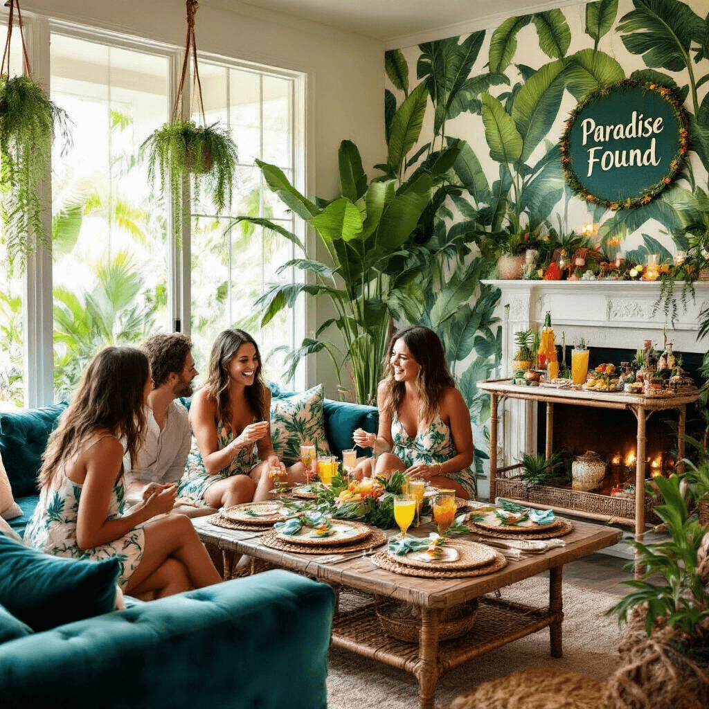 Cozy living room decorated for a tropical birthday gathering, featuring banana leaf wallpaper, a low coffee table set with rattan placemats and gold-rimmed glassware, a DIY tiki bar cart, potted palms, and plush teal sofas, with guests enjoying snacks and drinks in a warm, inviting atmosphere.