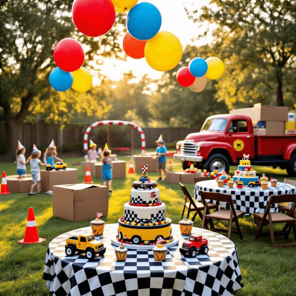A vibrant outdoor truck-themed birthday party in a spacious backyard, featuring round tables with checkered flag tablecloths, colorful balloons overhead, a dessert table with a truck-shaped cake and cupcakes, and children joyfully navigating an obstacle course made of traffic cones and boxes.