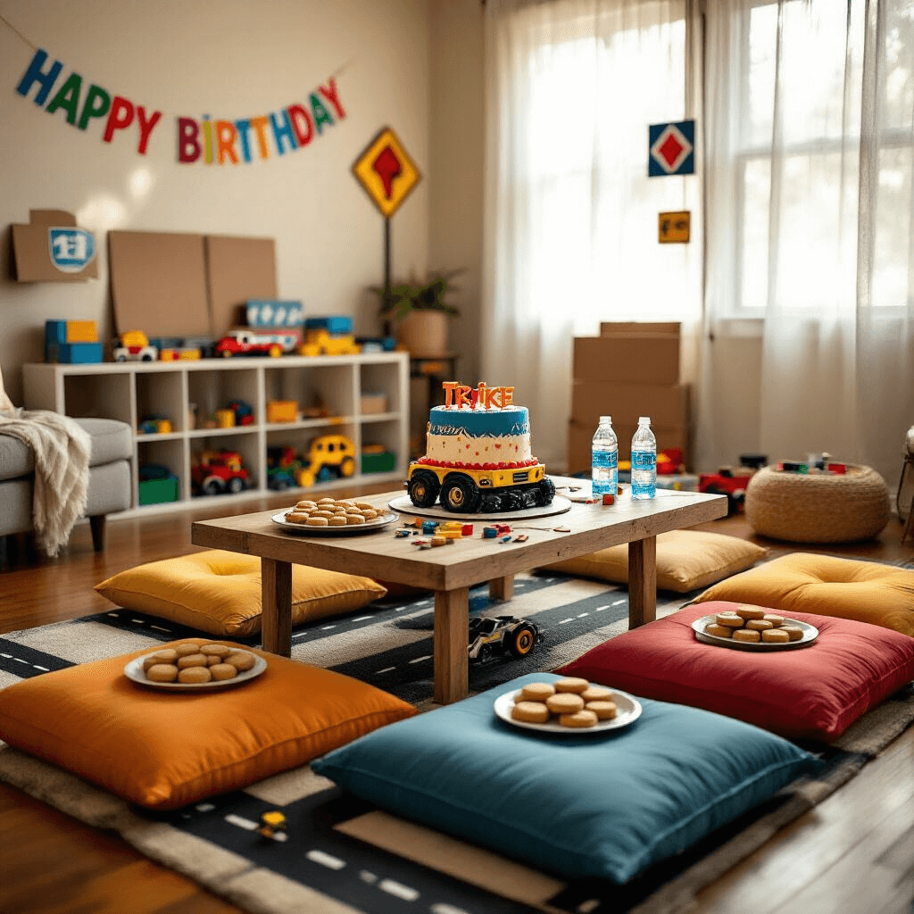 An indoor truck-themed party setup in a cozy living room, featuring a low table with a truck cake, tire-shaped cookies, and personalized water bottles, surrounded by colorful floor cushions. Morning light filters through sheer curtains, illuminating a 'Build a Road' play area with black tape roads on the hardwood floor, scattered toy trucks, and blocks. The walls display cardboard traffic signs and a bold 'Happy Birthday' banner.