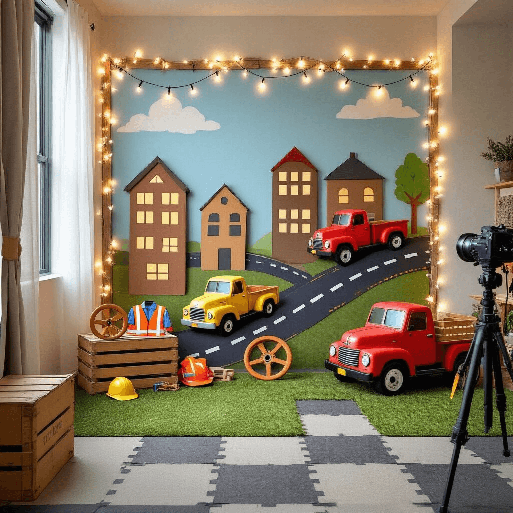 A whimsical truck-themed photo booth area with a backdrop of hand-painted cardboard buildings and roads, 3D cardboard trucks, props like toy steering wheels and hard hats on a rustic wooden crate, framed by twinkling fairy lights, with a faux grass and foam tile floor, and a professional camera on a tripod.