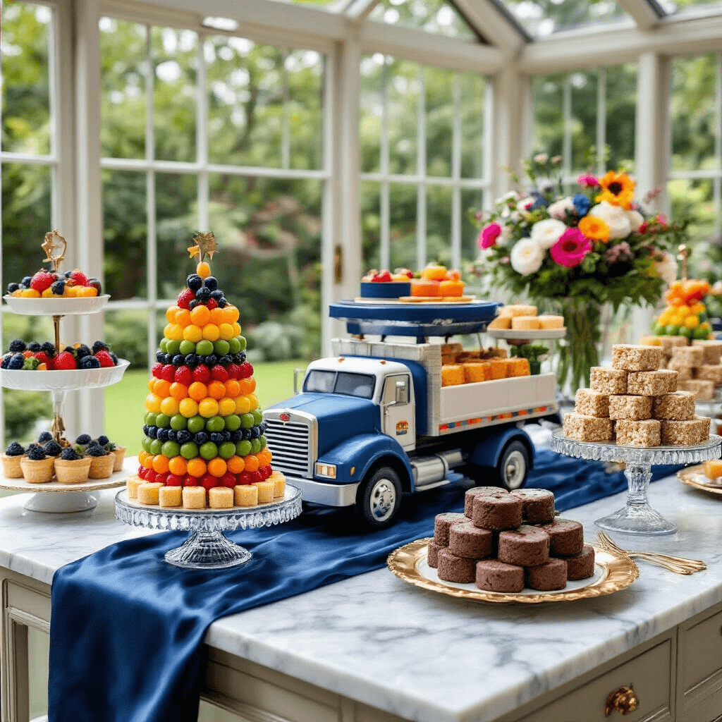 An elegant dessert display for a truck-themed party in a conservatory, featuring a truck-shaped cake, themed treats on tiered stands, a deep blue silk runner on a marble countertop, crystal cake stands, gold-rimmed plates, and colorful fresh flowers, with a lush garden view through floor-to-ceiling windows.