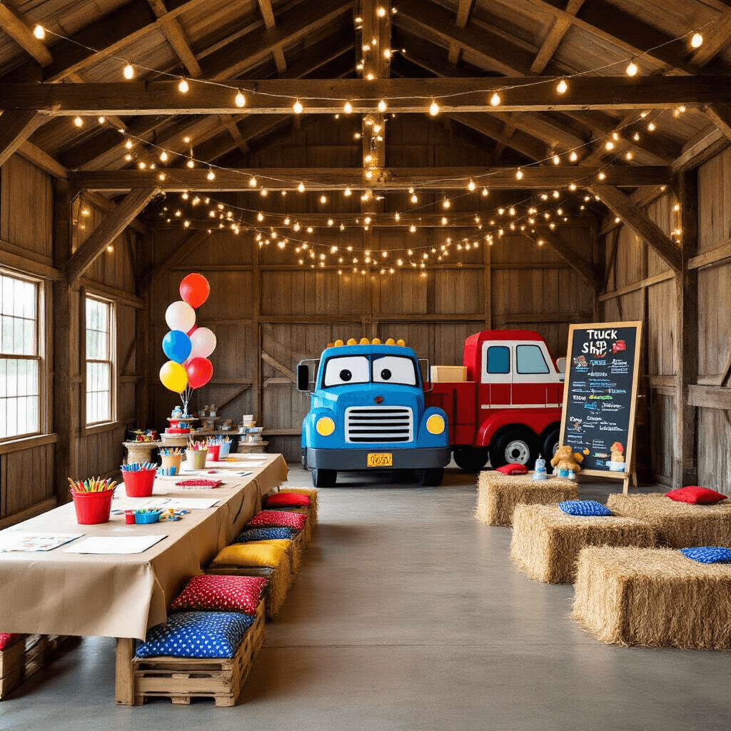 A vibrant truck-themed activity zone inside a rustic barn, featuring long tables with kraft paper for coloring, a large cardboard truck cutout, a 'truck wash' area with bubble machines, hay bale seating with bandana pillows, and fairy lights overhead.