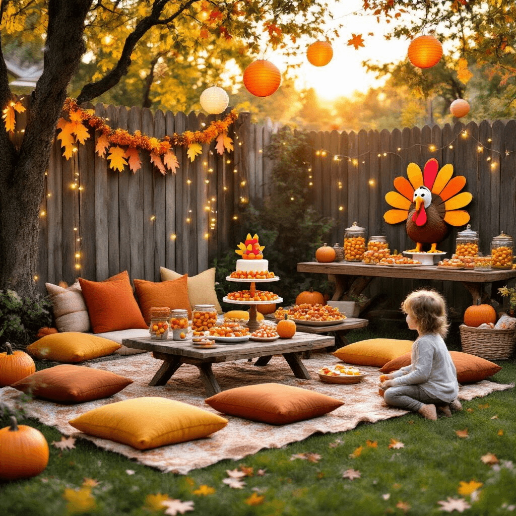Turkey Birthday Party: A Festive Fall Celebration Guide An inviting backyard scene for a fall birthday party, featuring cozy picnic tables with autumn-colored cushions, a whimsical photo booth with turkey props, a dessert station with a turkey-shaped cake and candy jars, and children engaging in pumpkin relay races, all enhanced by twinkling fairy lights and colorful decorations.