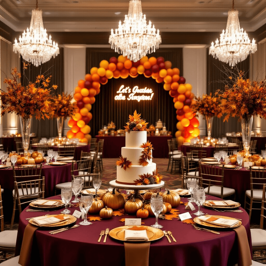 Turkey Birthday Party: A Festive Fall Celebration Guide An elegant ballroom decorated for a turkey-themed celebration, featuring crystal chandeliers, round tables with burgundy linens, autumn branch centerpieces, gold charger plates, and a grand dessert table with a multi-tiered cake. Balloon arches in ombré shades of orange, yellow, and brown frame the entrance, complemented by a modern neon sign that reads 'Let's Talk Turkey.'