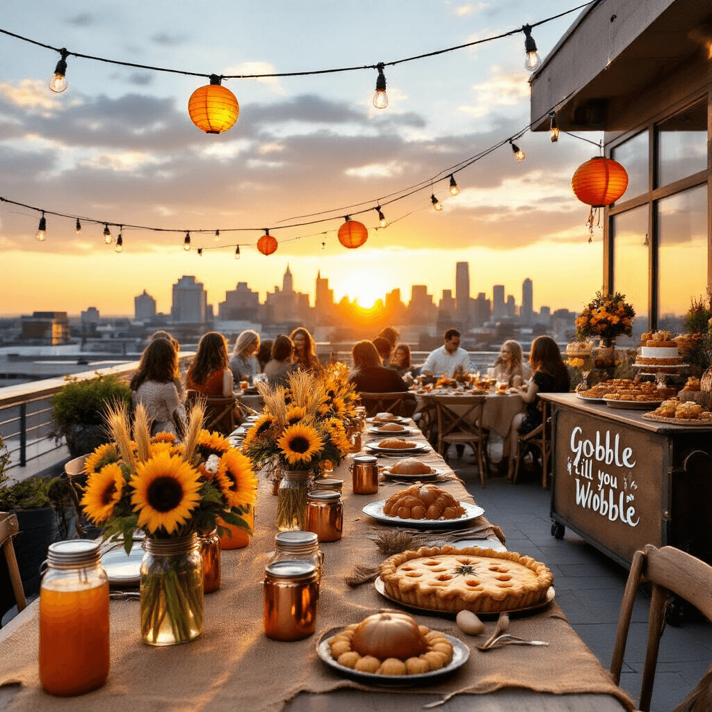 Turkey Birthday Party: A Festive Fall Celebration Guide A whimsical rooftop terrace for a turkey-themed soirée, featuring bistro tables with burlap runners, mason jar centerpieces, and a city skyline backdrop. Strings of café lights and fall-colored lanterns illuminate the space, while a bar with a 'gobble till you wobble' sign serves apple cider. A dessert cart displays pumpkin pies and turkey-shaped cookies, with plush seating areas inviting relaxation against a vibrant sunset.