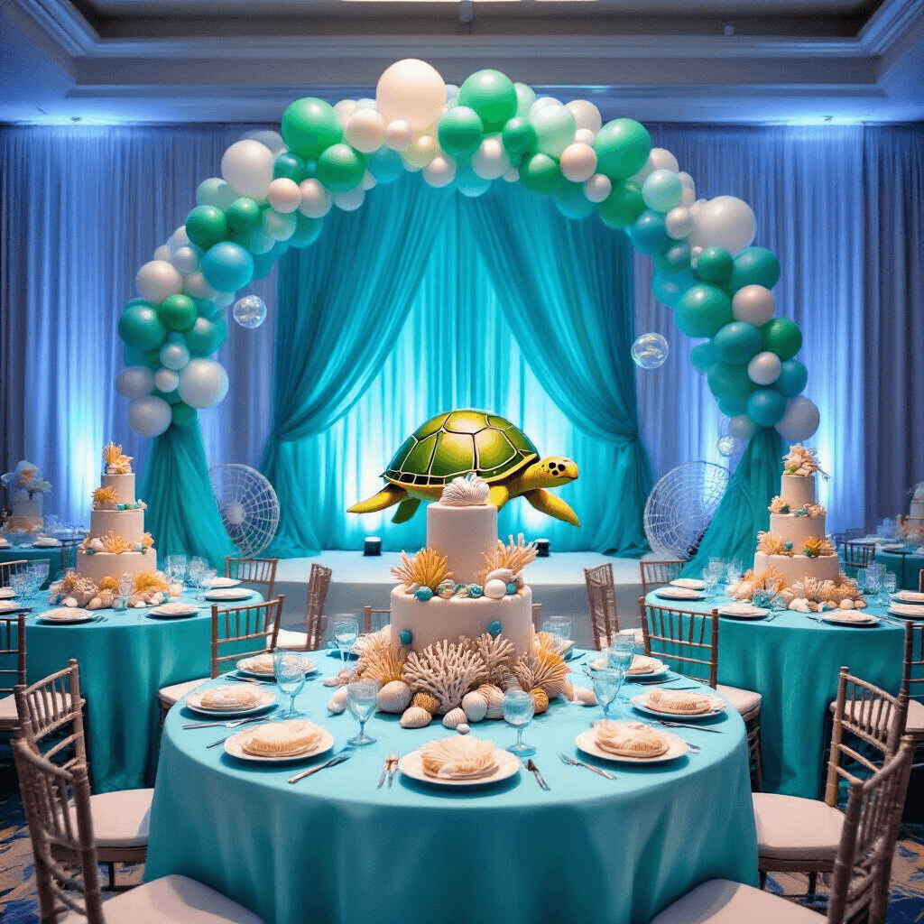 A whimsical underwater-themed birthday party in a ballroom, featuring soft blue uplighting, sheer teal drapery, ombré blue table linens with coral and seashell centerpieces, a turtle shell cake with sand-colored macarons, and balloon arches in green, blue, and pearl white, alongside oversized turtle cutouts and fishing nets, all creating a magical aquatic atmosphere.