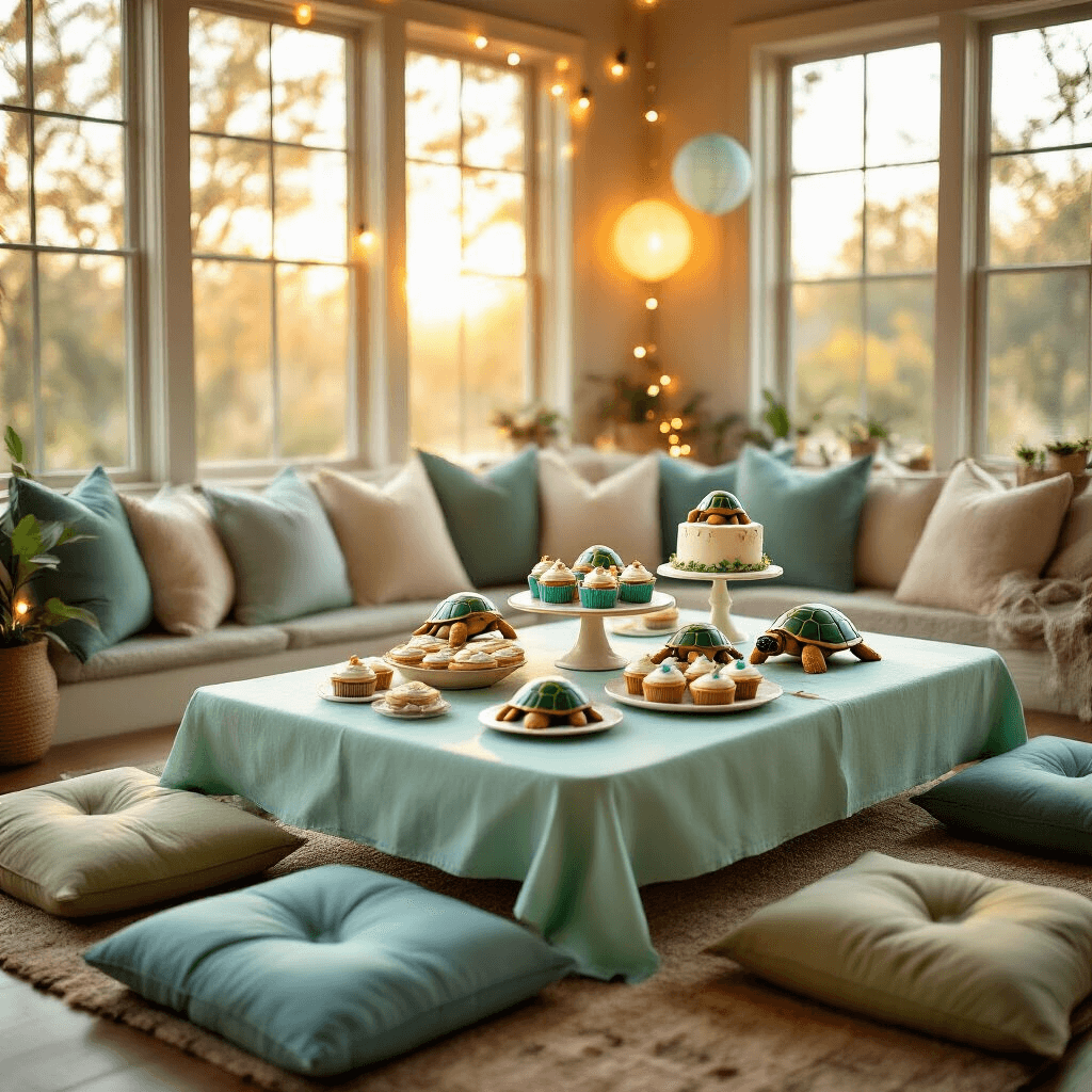 An intimate turtle-themed celebration in a cozy living room, bathed in warm golden hour light, featuring a low table with a mint green tablecloth adorned with turtle-shaped cookies, cupcakes with turtle toppers, and a beach-themed cake, surrounded by plush floor cushions in blue and green, enhanced by soft string lights and paper lanterns.