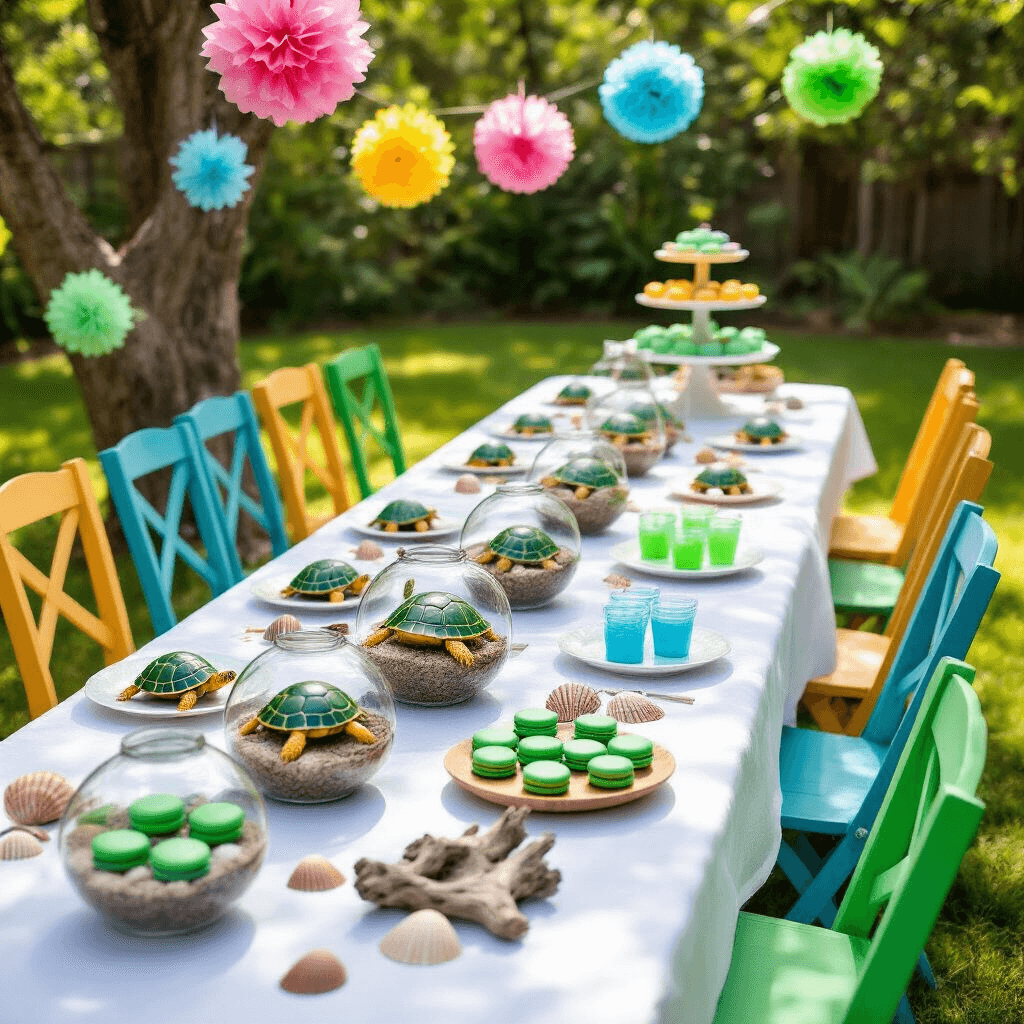 A vibrant outdoor turtle birthday party in a lush backyard, featuring a white picnic table with green and blue mismatched chairs, colorful pinwheels, terrariums with toy turtles, seashells, driftwood, and a dessert cart with green macarons and blue jello cups, all set against a backdrop of natural greenery.