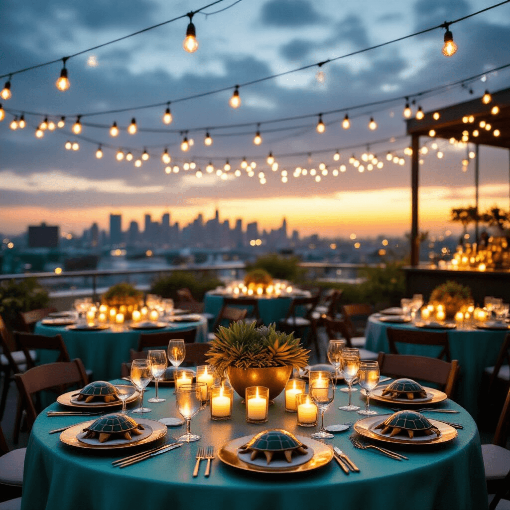 An elegant rooftop soirée inspired by turtles, featuring warm fairy lights, sea-green tablecloths, floating candle centerpieces with succulents, turtle-shaped name cards, and a sleek bar serving 'shell-tinis,' set against a city skyline at sunset.