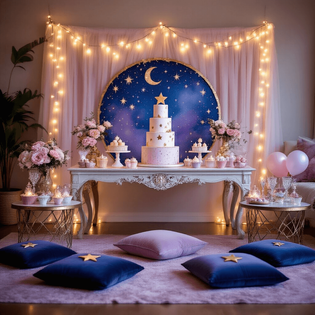 A cozy living room adorned for a dreamy celestial-themed first birthday party, featuring fairy lights, blush pink and lavender decorations, a hand-painted constellation backdrop, an ornate cake table with a star-shaped cake, glittery cupcakes, and star-shaped balloons, all captured in soft twilight.