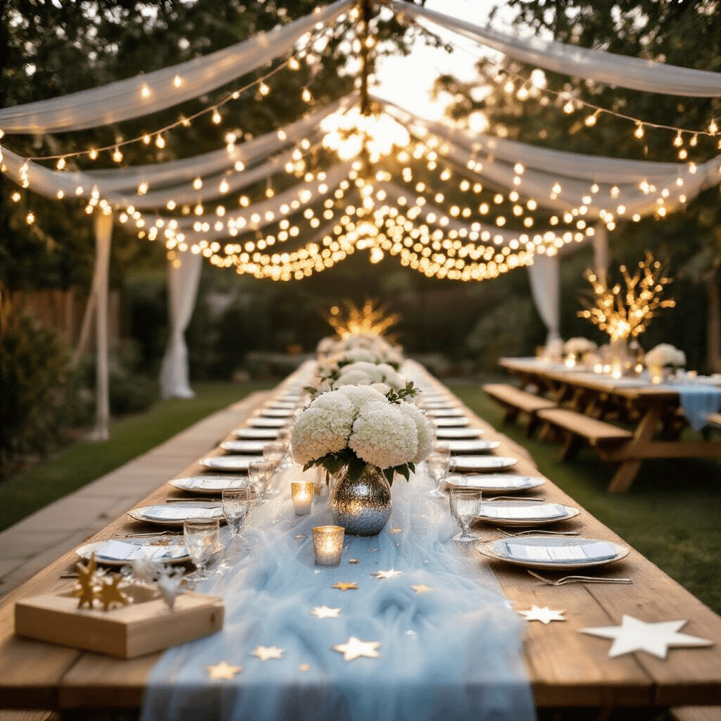 An outdoor party inspired by 'Twinkle Twinkle Little Star' set at golden hour, featuring string lights overhead, picnic tables with silver linens and blue tulle runners, mercury glass vases with white hydrangeas, star-shaped place cards, and a DIY craft station for children; captured from a low angle to highlight the warm light and decorations.