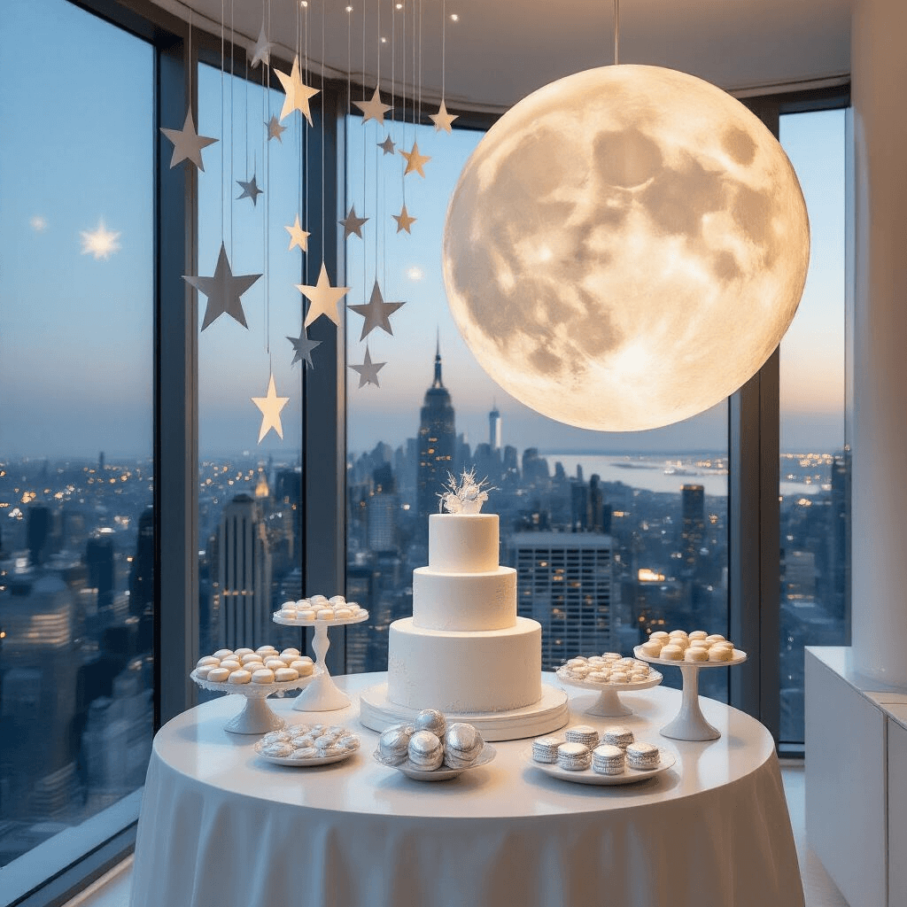 A modern apartment interior featuring a luxe minimal celestial theme, with floor-to-ceiling windows showcasing a city skyline at dusk. The space has a monochromatic color scheme of whites and metallics, highlighted by a moon-shaped balloon installation and suspended paper stars. An all-white dessert station includes a cake with edible silver leaf and star-shaped macarons, all captured in a wide-angle shot that contrasts the sleek interior with twinkling city lights outside.