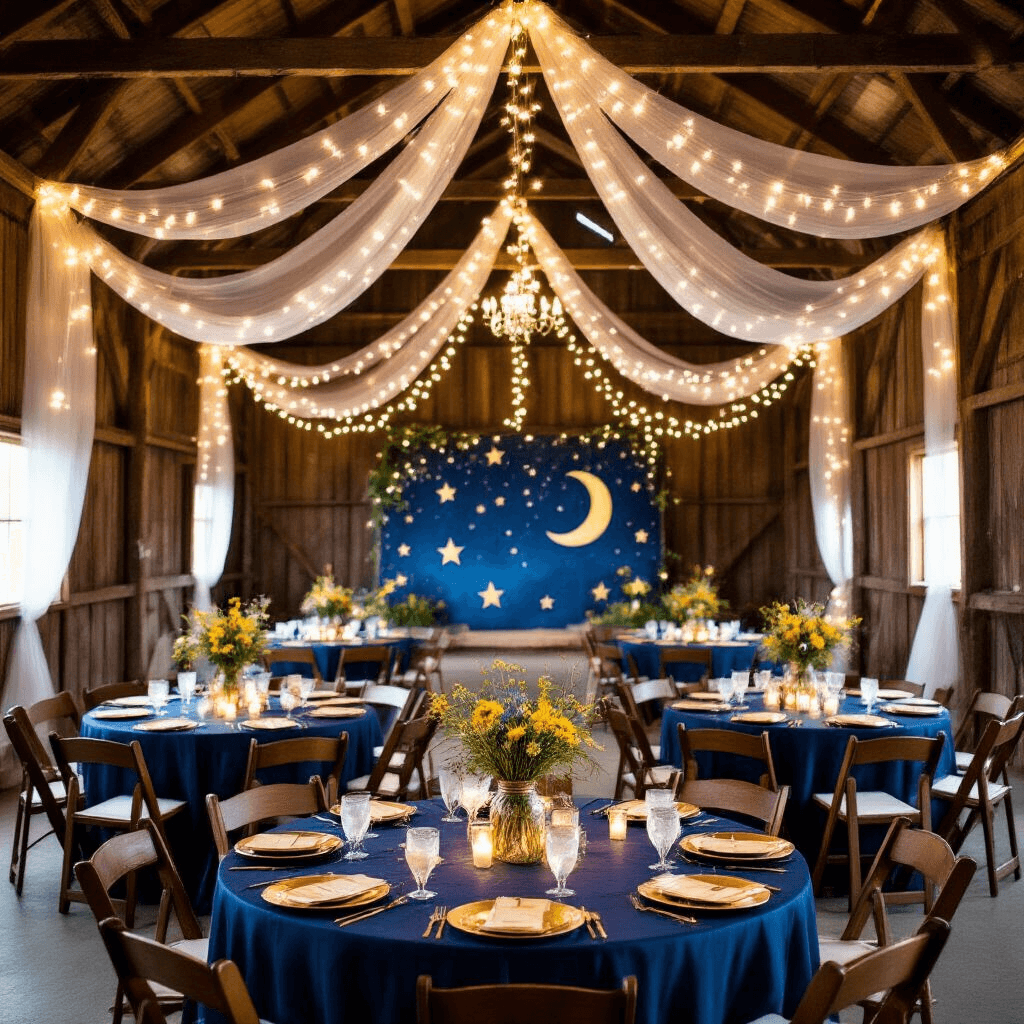 A whimsical Twinkle Twinkle Little Star party in a rustic barn with exposed wooden beams draped in fairy lights, midnight blue tables with gold star overlays, mason jar centerpieces, and a photo booth featuring a painted night sky backdrop.