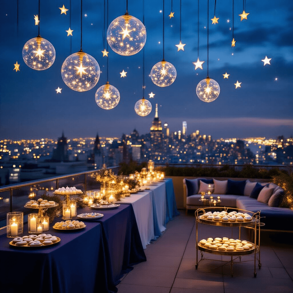 An elegant rooftop terrace celebration at night, featuring twinkling city lights and star-themed decor, including glass orb pendants with fairy lights, ombre table linens, gold geometric centerpieces with candles, a dessert cart with constellation cookies and star-shaped cake pops, and a cozy lounge area with velvet seating surrounding a 'wish upon a star' guestbook station.