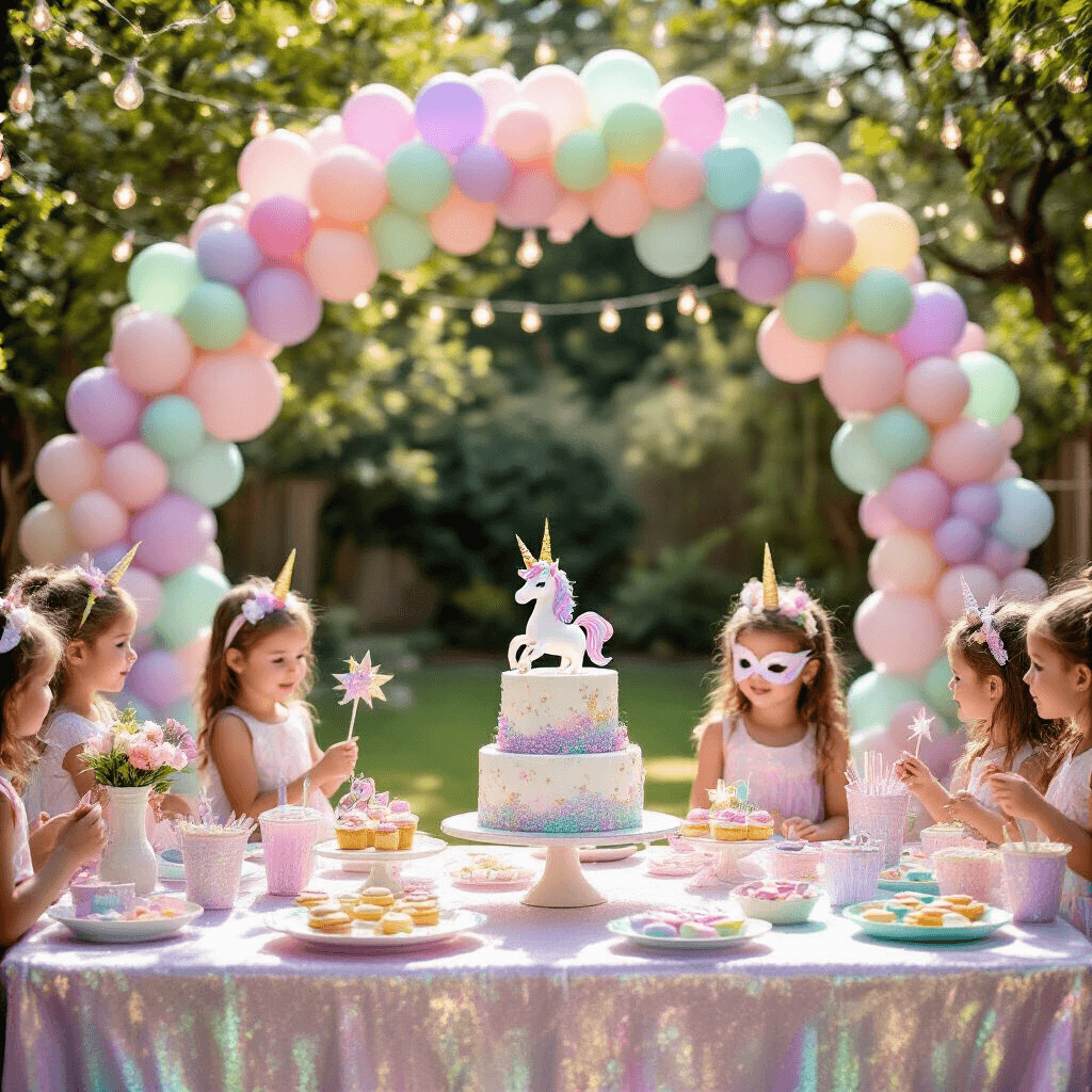 Magical Unicorn Birthday Party: A Whimsical Celebration Guide A whimsical unicorn-themed birthday party in a sunlit backyard, featuring a pastel balloon arch, shimmering iridescent tables, glittery unicorn centerpieces, a craft station for decorating masks and wands, a tiered cake with a golden unicorn topper, glittery cupcakes, and a sparkling photo booth area.