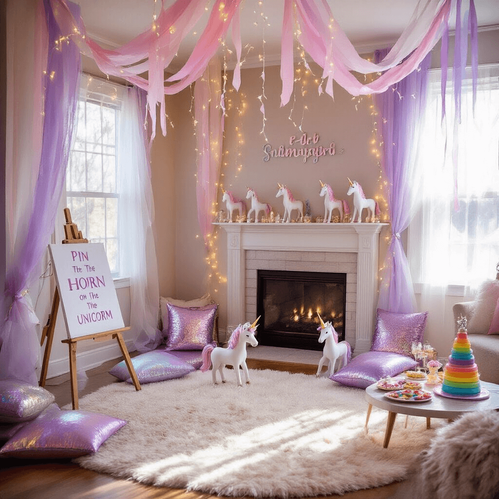 Magical Unicorn Birthday Party: A Whimsical Celebration Guide A cozy living room transformed into a pastel unicorn party, featuring pink and lavender streamers, fairy lights, a plush rug with iridescent cushions, a 'Pin the Horn on the Unicorn' game, sparkly unicorn figurines on the mantel, and a table with rainbow-layered treats, all illuminated by sunlight.