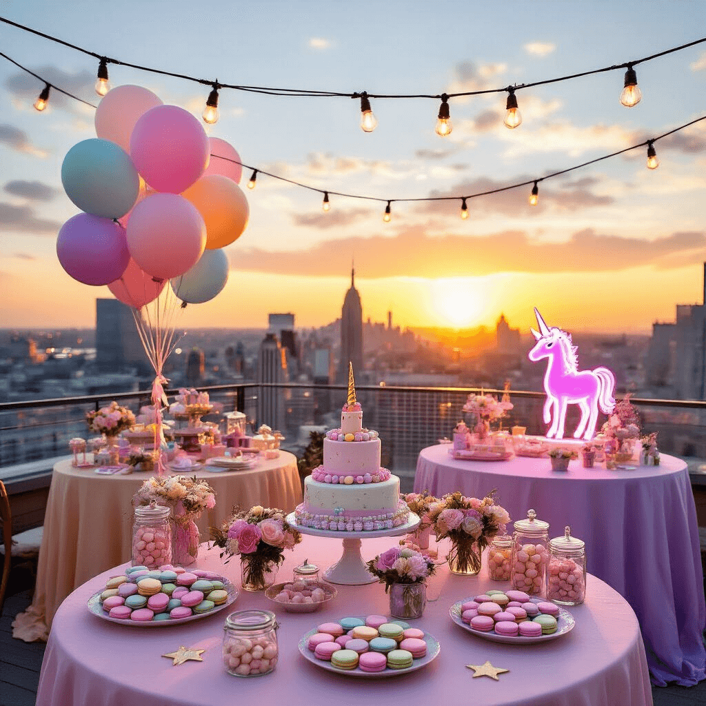 Magical Unicorn Birthday Party: A Whimsical Celebration Guide A whimsical rooftop terrace party themed around unicorns at sunset, featuring ombré table linens in blush and lavender, vibrant centerpieces of balloons and fresh flowers, a colorful dessert cart with macarons and cookies, a DIY wand-making station with craft supplies, and twinkling market lights overhead, complemented by a neon unicorn sign.